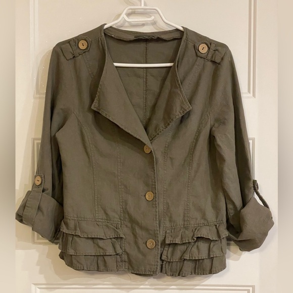 Anonyme Olive Green Ruffled Loose fitting Jacket 3/4 Sleeves light Summer size 4 - Picture 1 of 6